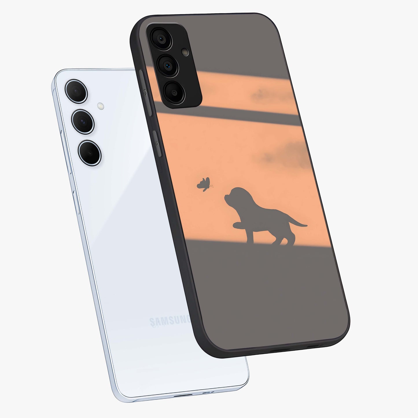 Puppy Shadow Art Glass Case displayed in angled mockup highlighting playful dog illustration with artistic shadow aesthetic.
