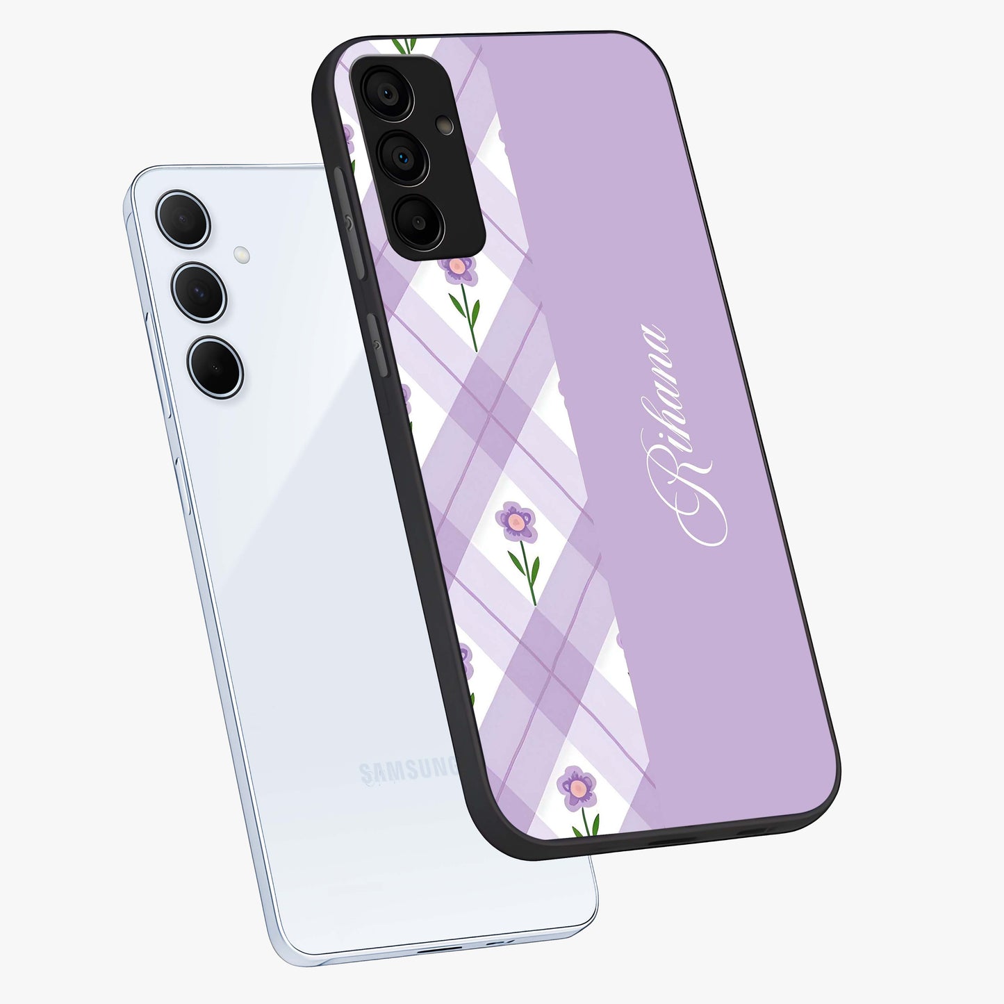 Purple Diamond Floral Glass Case displayed in angled mockup highlighting elegant purple flower design with decorative pattern.