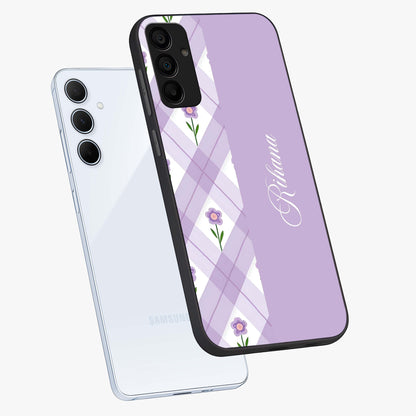 Purple Diamond Floral Glass Case displayed in angled mockup highlighting elegant purple flower design with decorative pattern.