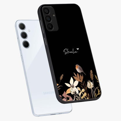 Quiet Garden Tune Custom Name Glass Case displayed in angled mockup highlighting delicate floral garden design with custom name feature.