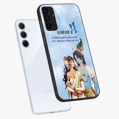 Radha Krishna Eternal Glass Case displayed in angled mockup highlighting divine Radha Krishna illustration with spiritual aesthetic.