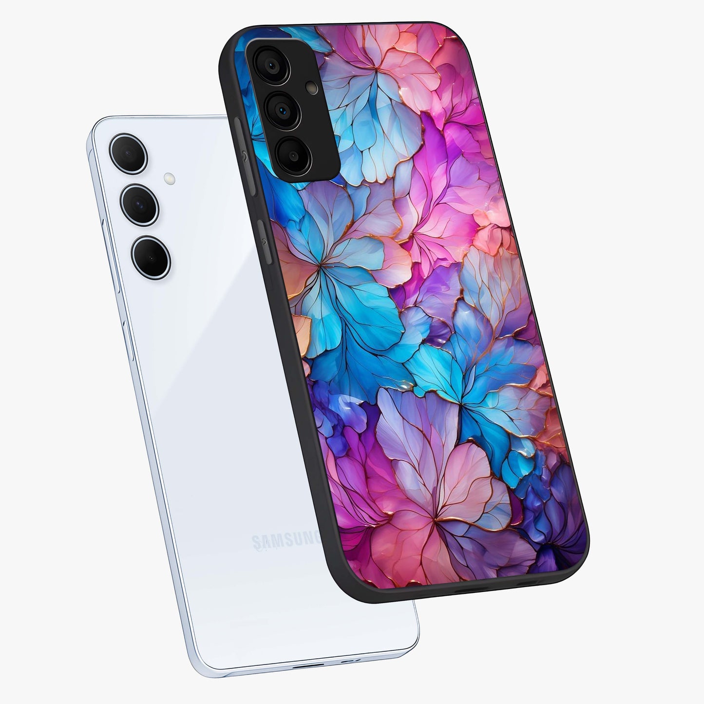 Radiant Floral Whirl Glass Case displayed in angled mockup highlighting vibrant flower pattern with dynamic artistic aesthetic.