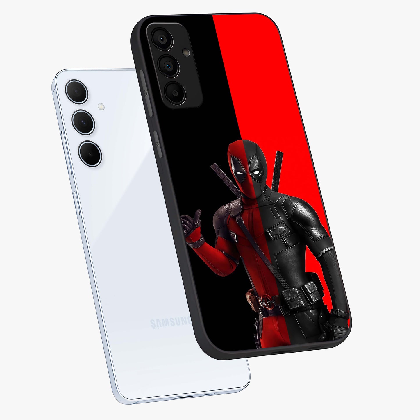 Red & Black Deadpool Theme Glass Case displayed in angled mockup highlighting vibrant superhero style illustration with action aesthetic.
