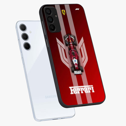 Red Ferrari F1 Vertical Glass Case displayed in angled mockup highlighting high speed racing design with bold automotive aesthetic.
