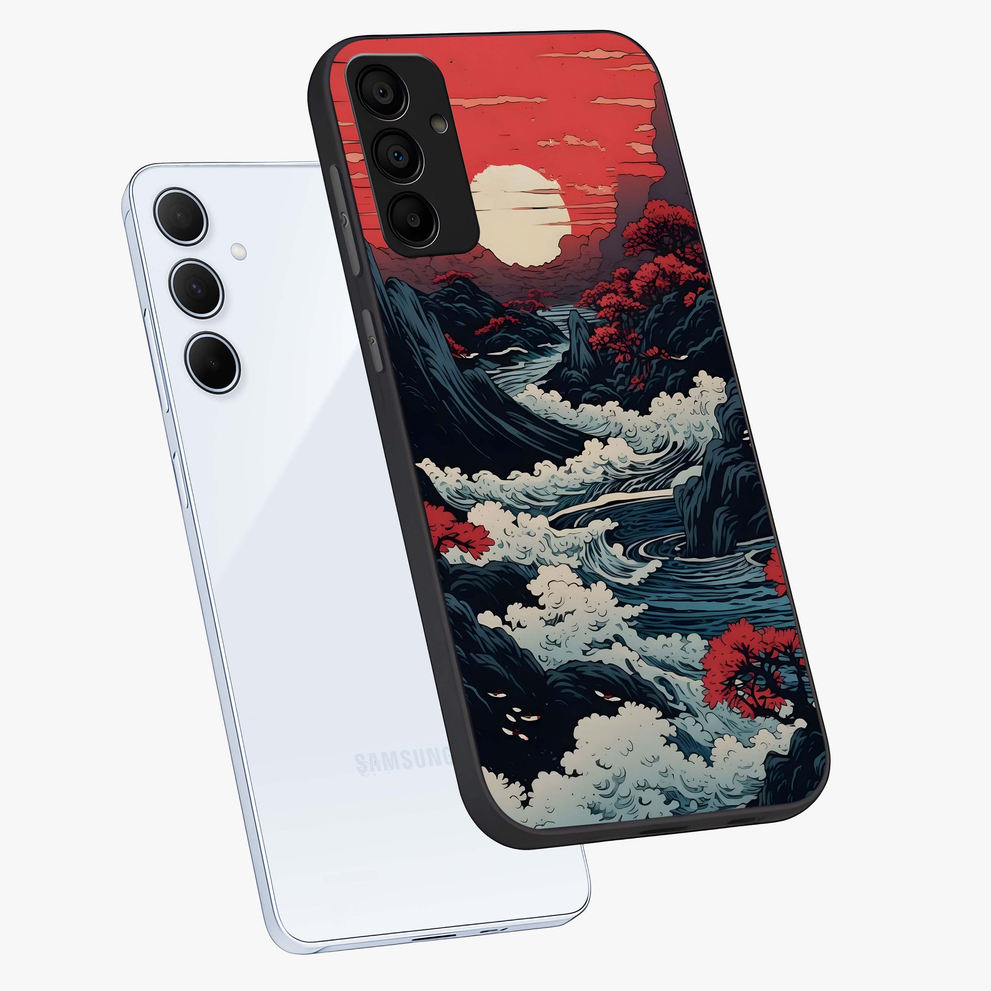 Red Sunset Scenery Glass Case displayed in angled mockup highlighting glowing sunset sky design with scenic aesthetic.