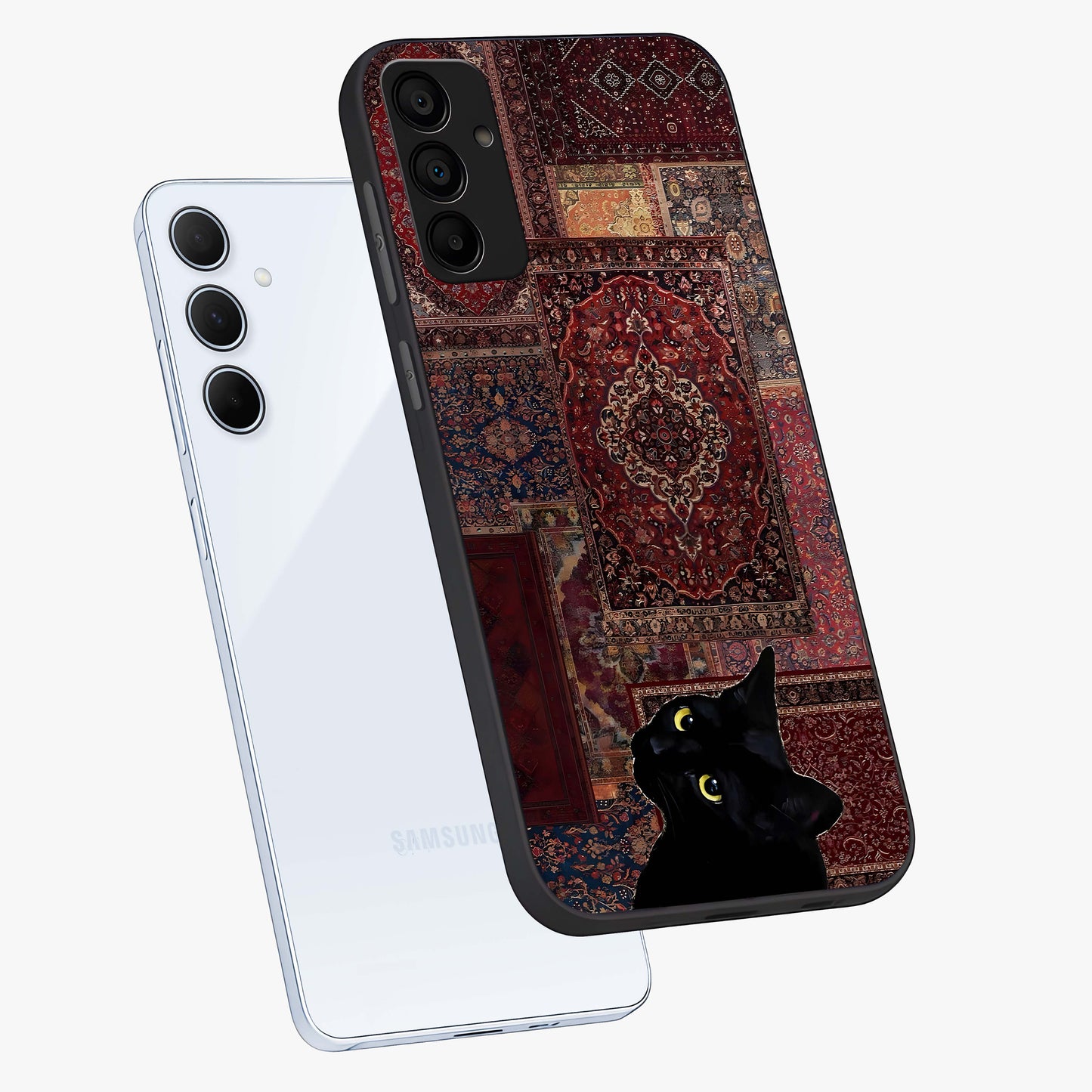 Regal Magic Cat Apple Glass Case displayed in angled mockup highlighting whimsical feline design with fantasy aesthetic.