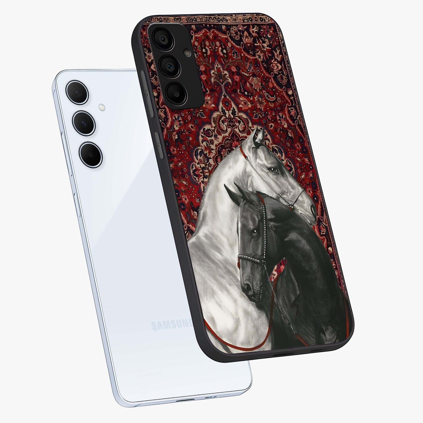 Regal Stallion Tapestry Glass Case displayed in angled mockup highlighting royal stallion design with decorative heritage aesthetic.