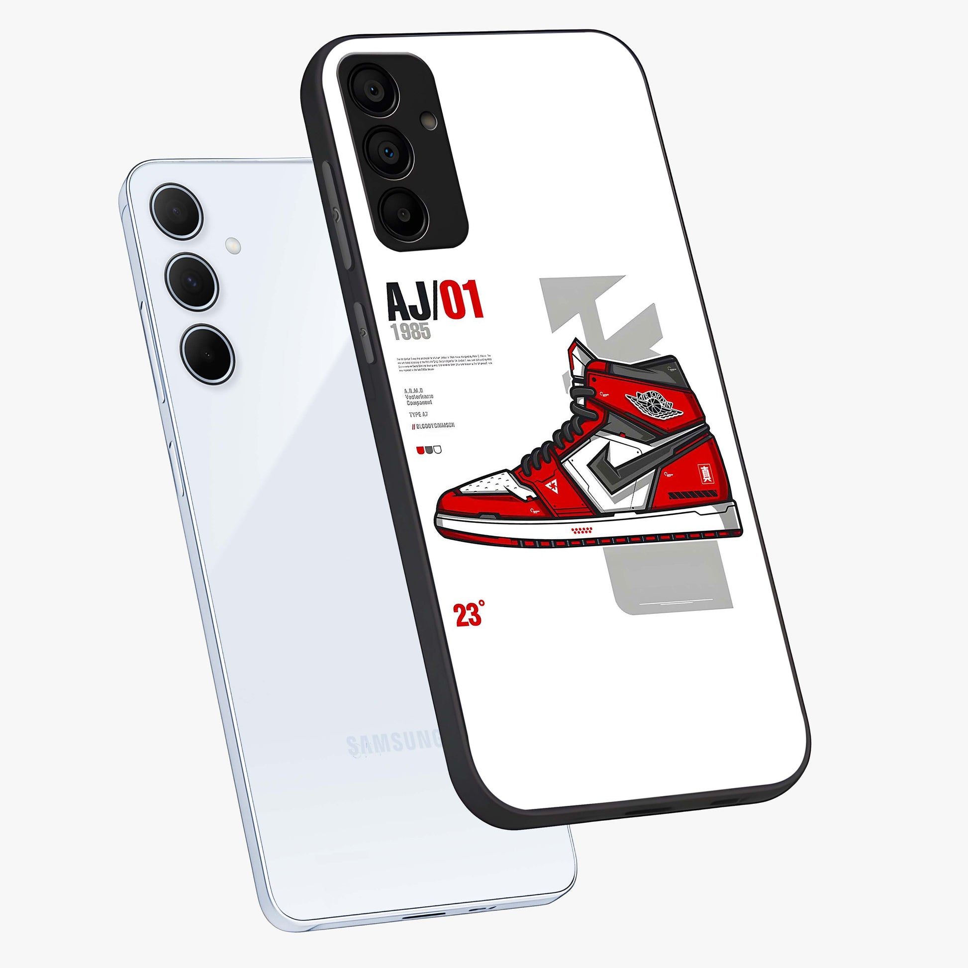 Retro Sneaker Blueprint Glass Case displayed in angled mockup highlighting detailed shoe design with sporty retro aesthetic.