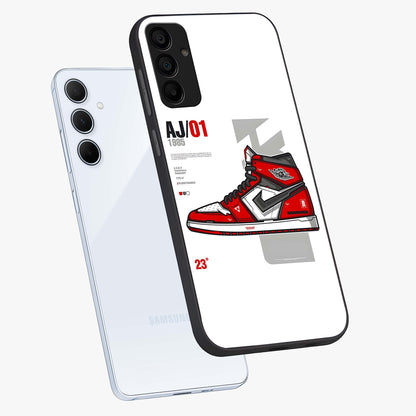 Retro Sneaker Blueprint Glass Case displayed in angled mockup highlighting detailed shoe design with sporty retro aesthetic.
