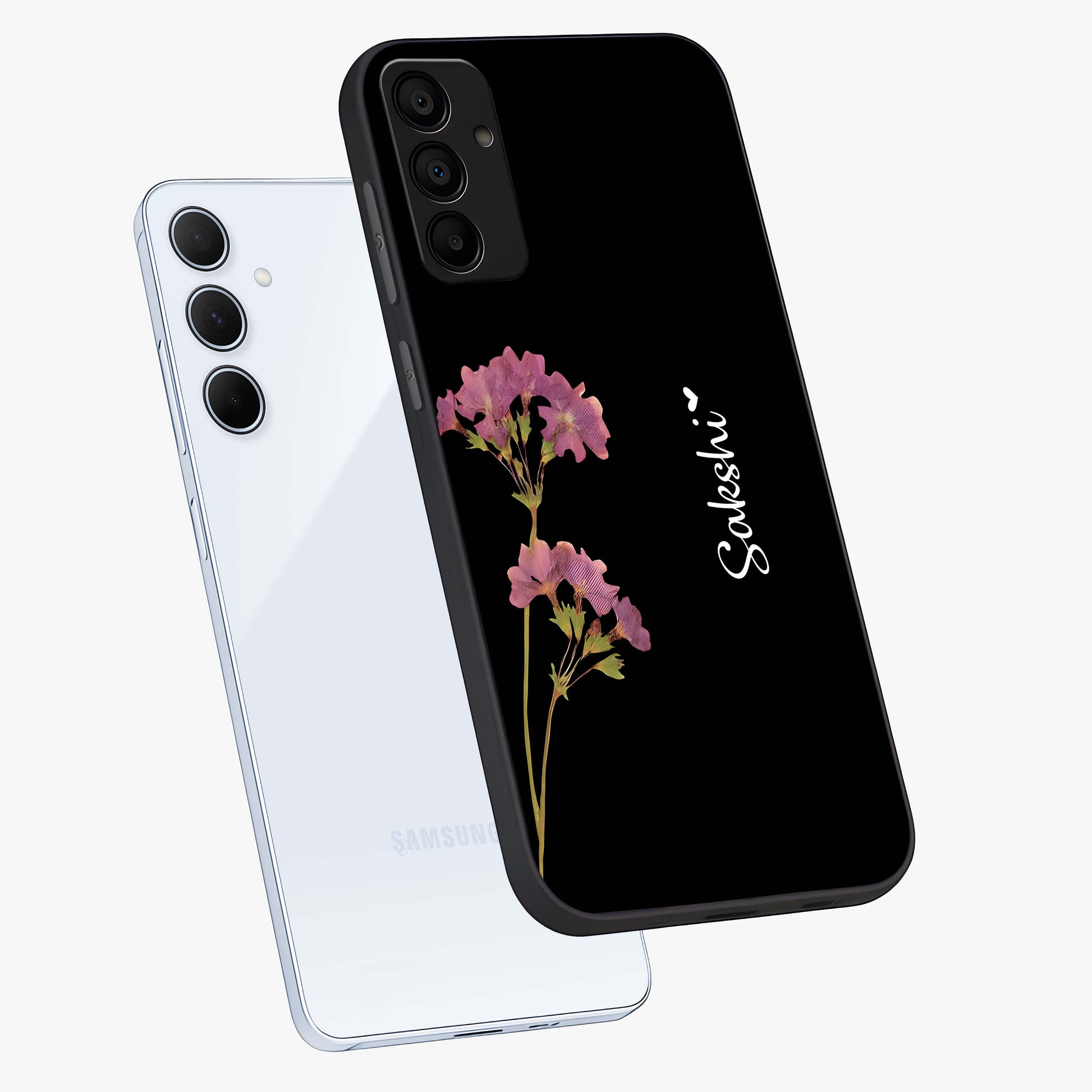 Riching Lavender Flower Custom Name Glass Case displayed in angled mockup highlighting delicate lavender flower design with custom name feature.