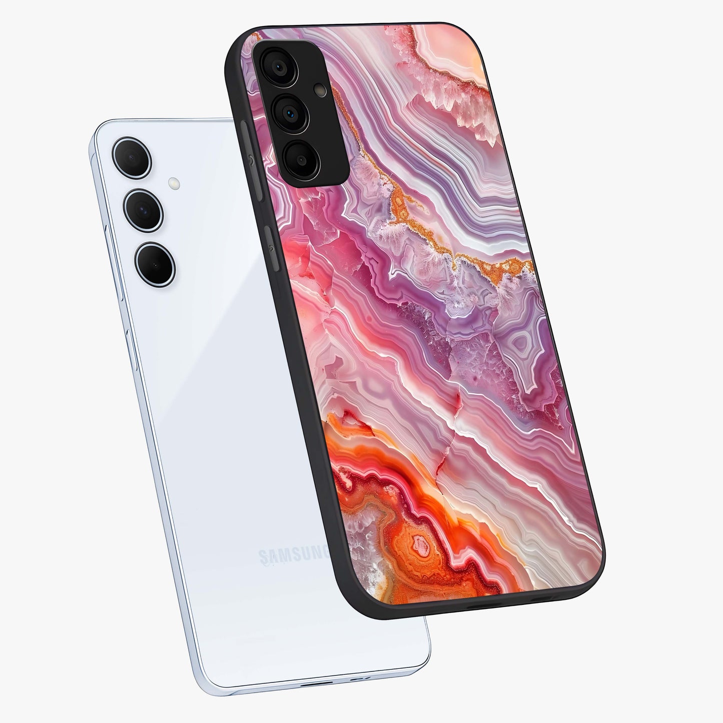Rose Quartz Marble Glass Case displayed in angled mockup highlighting elegant marble pattern with soft aesthetic style.