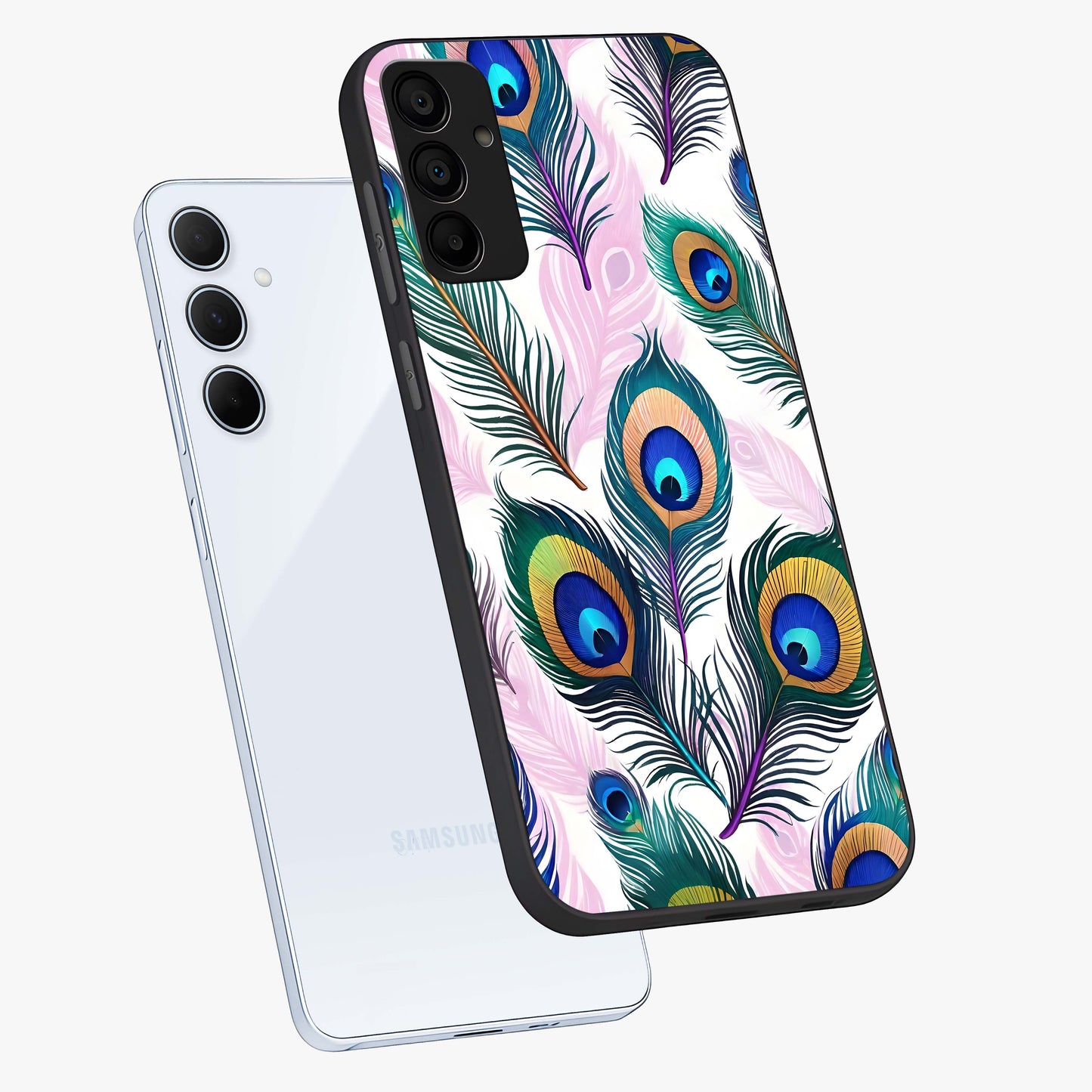 Royal Peacock Feathers Glass Case displayed in angled mockup highlighting vibrant feather pattern with regal aesthetic style.