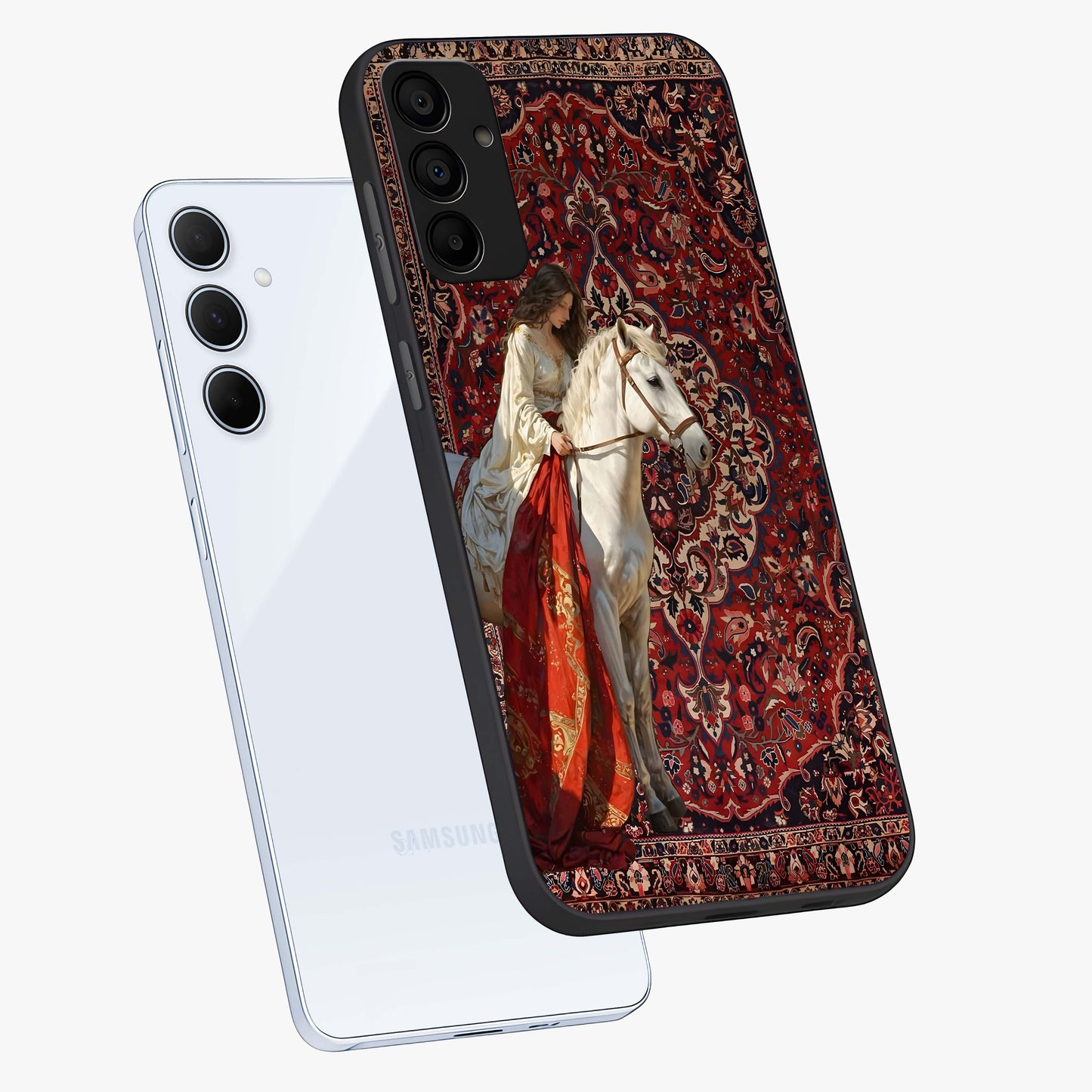 Royal Rider Tapestry Glass Case displayed in angled mockup highlighting traditional tapestry design with royal heritage aesthetic.