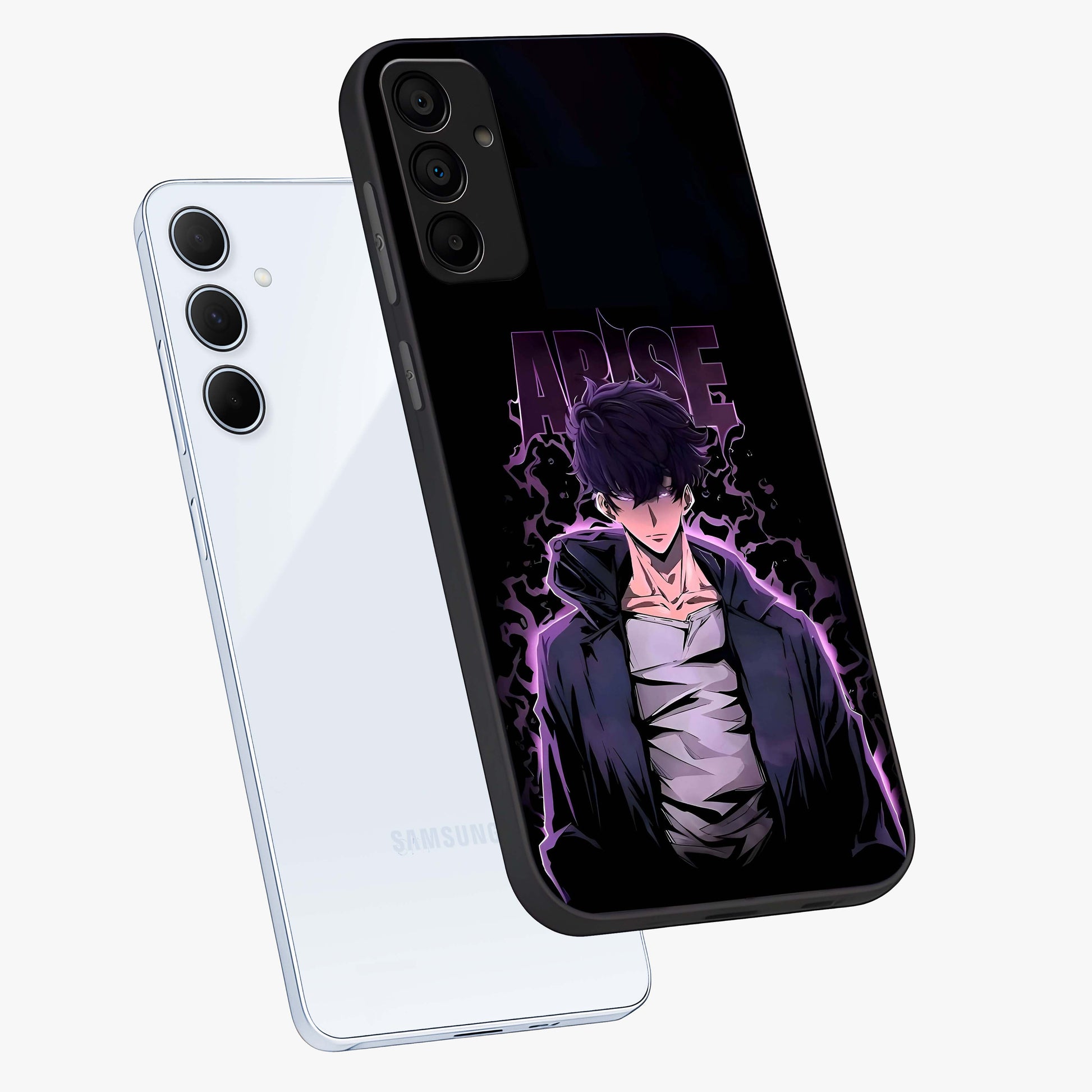 Shadow Monarch Awakening Glass Case displayed in angled mockup highlighting dramatic shadow warrior design with fantasy aesthetic.