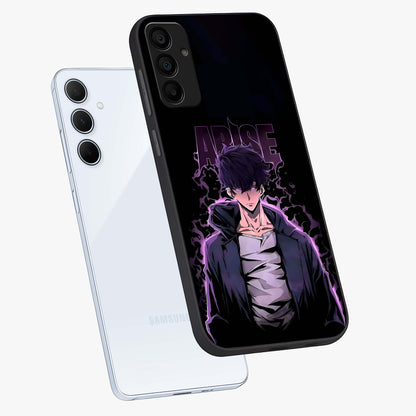 Shadow Monarch Awakening Glass Case displayed in angled mockup highlighting dramatic shadow warrior design with fantasy aesthetic.