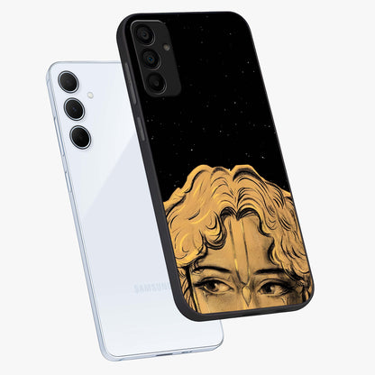 Shri Krishna Art Glass Case displayed in angled mockup highlighting spiritual Krishna illustration with divine aesthetic.