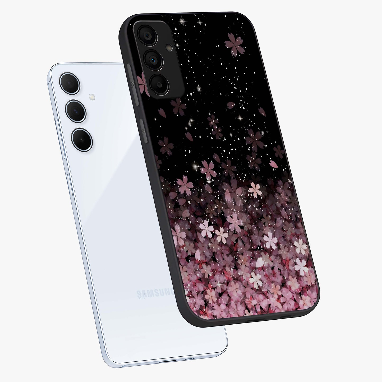 Small Starry Flowers Glass Case displayed in angled mockup highlighting tiny flower pattern with celestial aesthetic style.