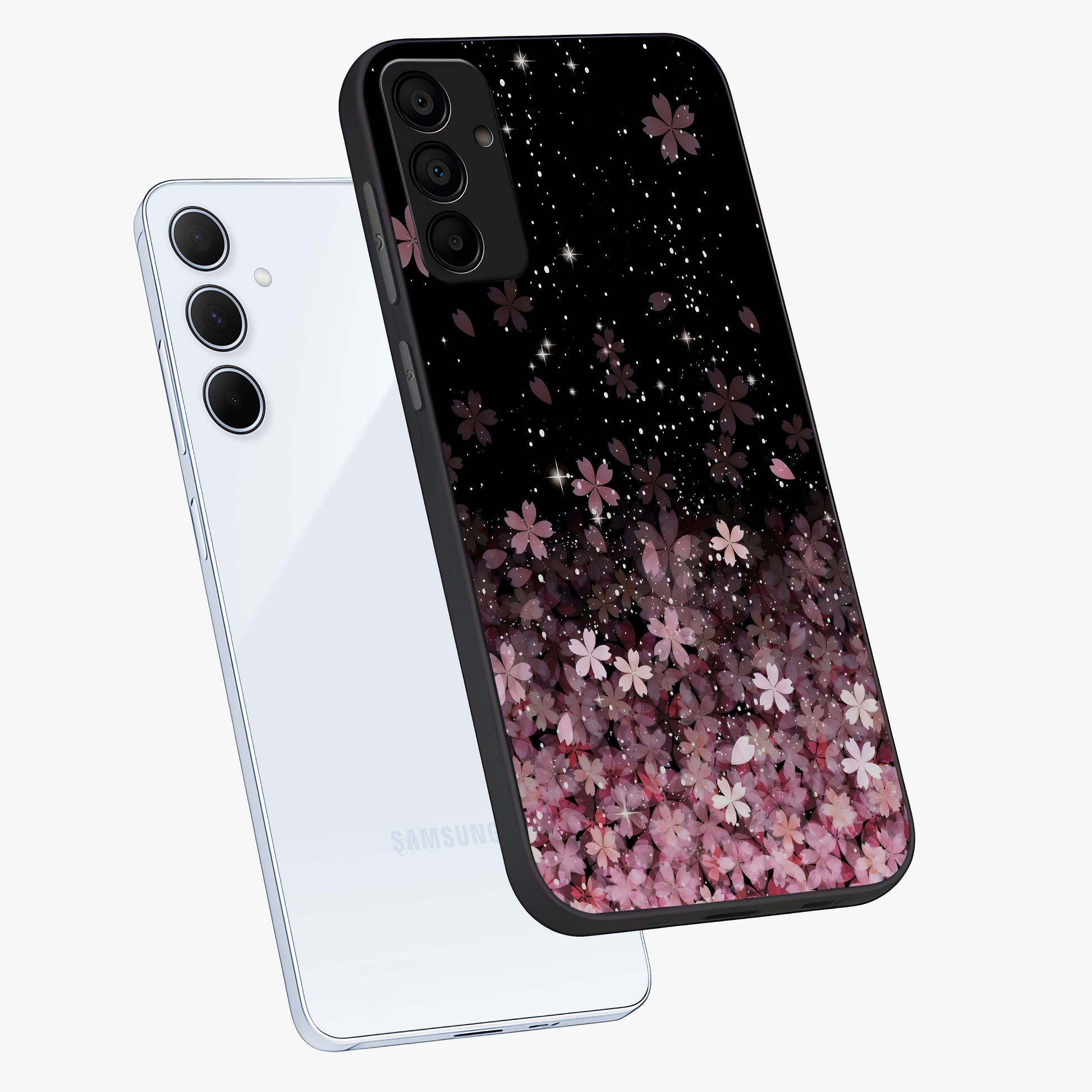 Small Starry Flowers Glass Case displayed in angled mockup highlighting tiny flower pattern with celestial aesthetic style.