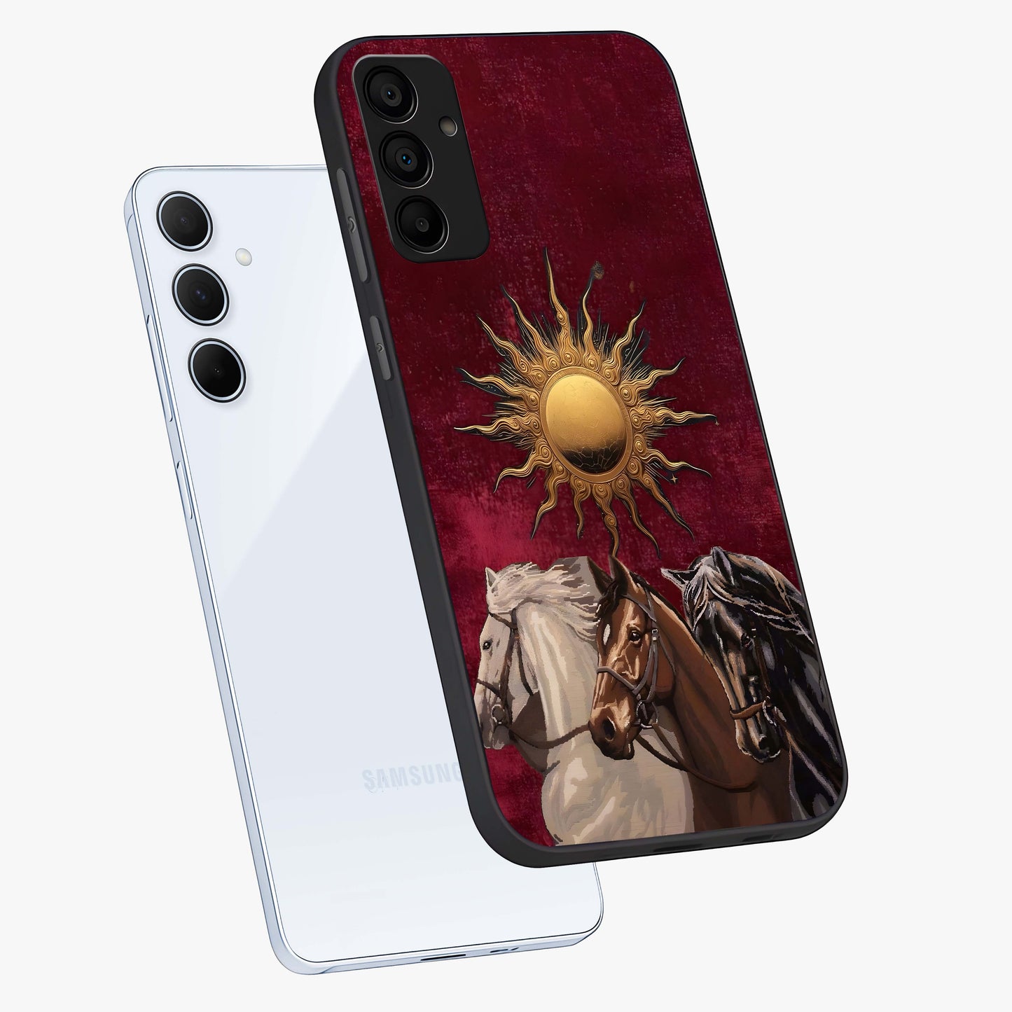 Solar Riders Glass Case displayed in angled mockup highlighting powerful rider illustration with radiant solar aesthetic.