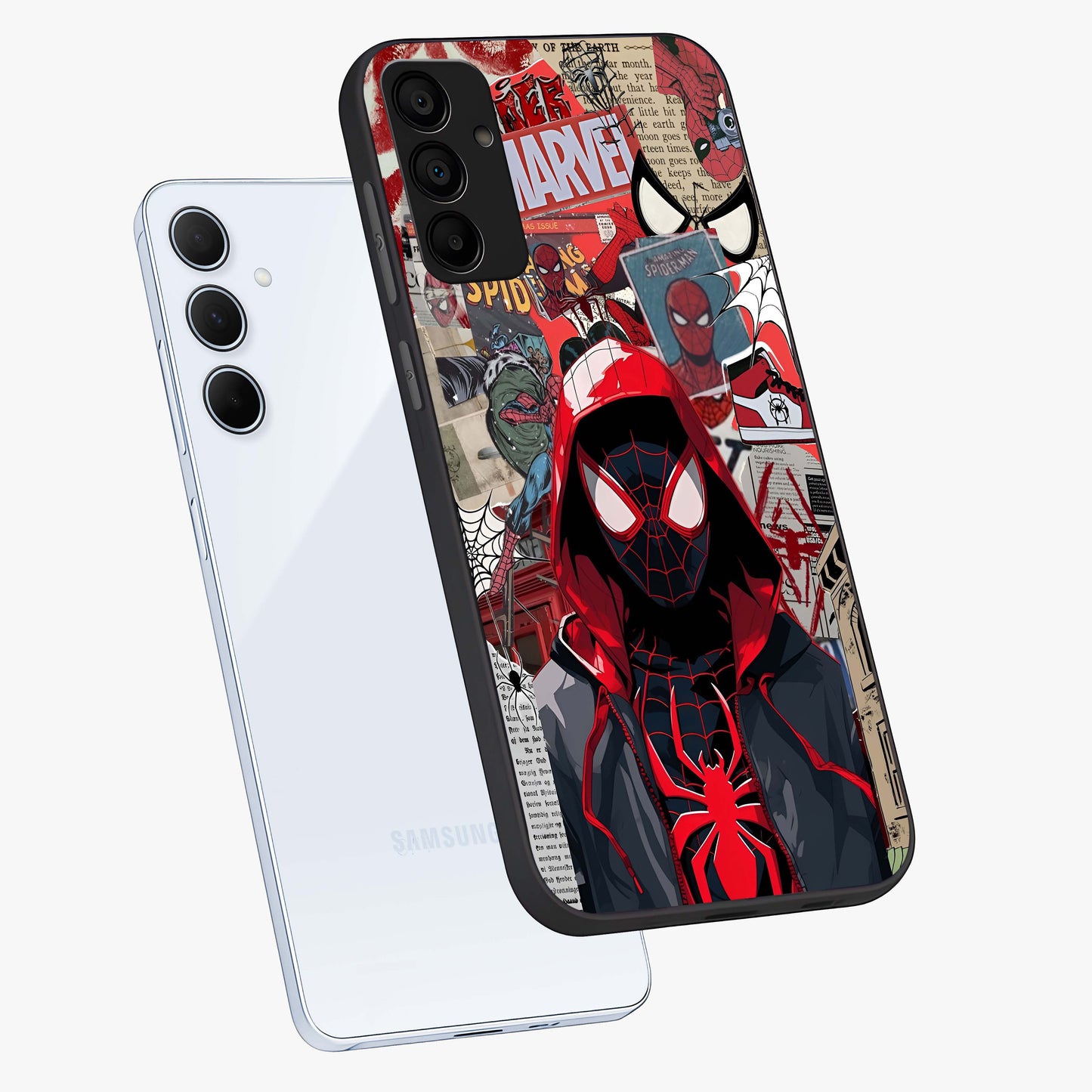 Spider Collage Street Glass Case displayed in angled mockup highlighting dynamic street style collage design with comic aesthetic.