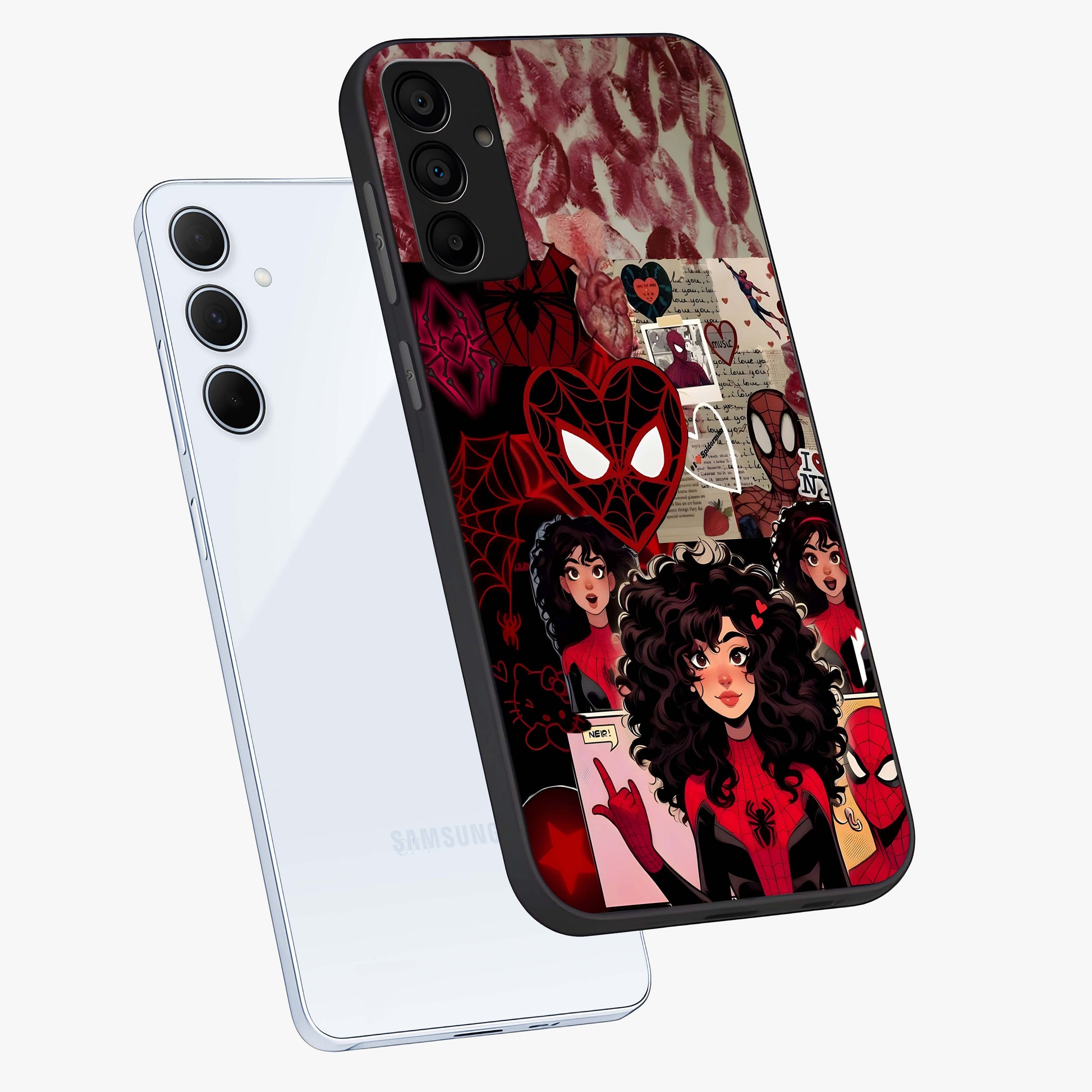 Spider Love Story Glass Case displayed in angled mockup highlighting expressive comic inspired design with playful aesthetic.