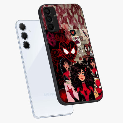 Spider Love Story Glass Case displayed in angled mockup highlighting expressive comic inspired design with playful aesthetic.