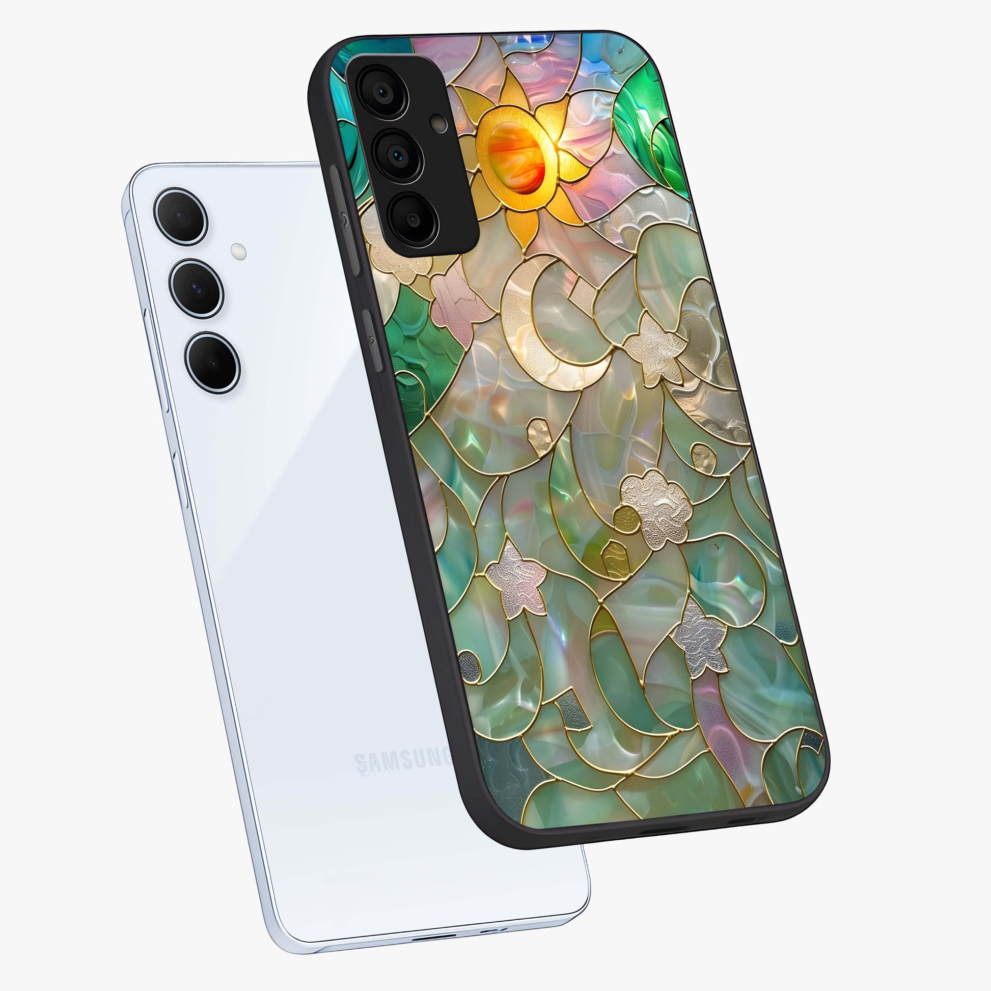 Stained Sunrise Glow Glass Case displayed in angled mockup highlighting radiant sunrise design with artistic aesthetic style.