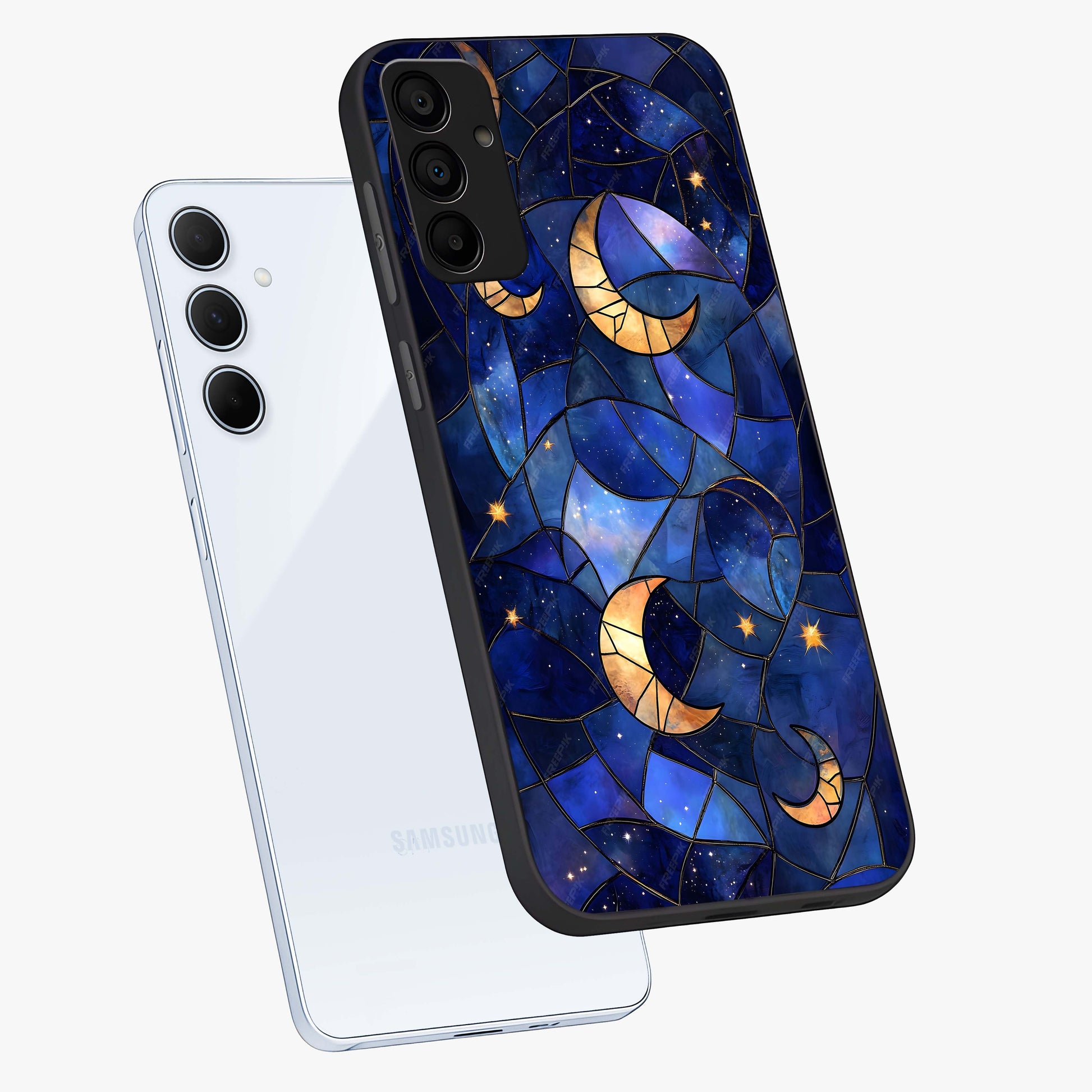 Starlit Sky Tapestry Glass Case displayed in angled mockup highlighting celestial night pattern with artistic aesthetic style.
