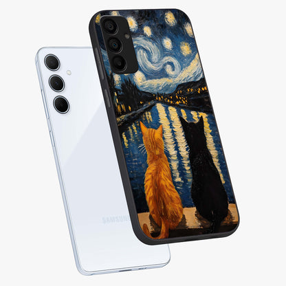 Starry River Cats Glass Case displayed in angled mockup highlighting charming feline illustration with dreamy night aesthetic.