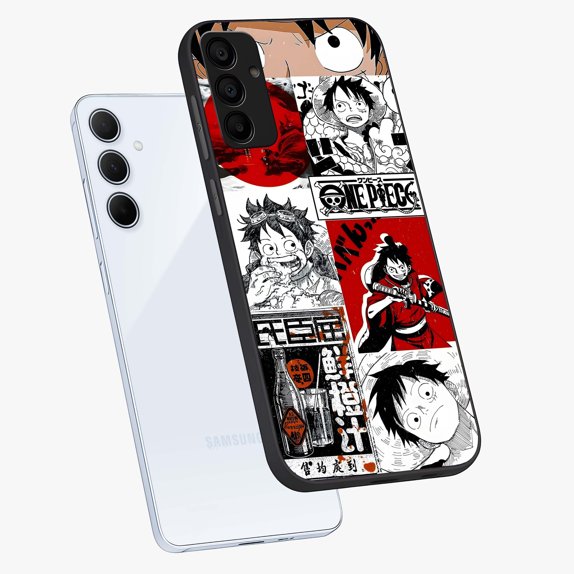 Strawhat Chaos Panels Glass Case displayed in angled mockup highlighting vibrant anime collage design with action aesthetic.