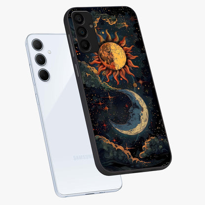 Sun And Moon Magic Design Glass Case displayed in angled mockup highlighting celestial design with magical cosmic aesthetic.