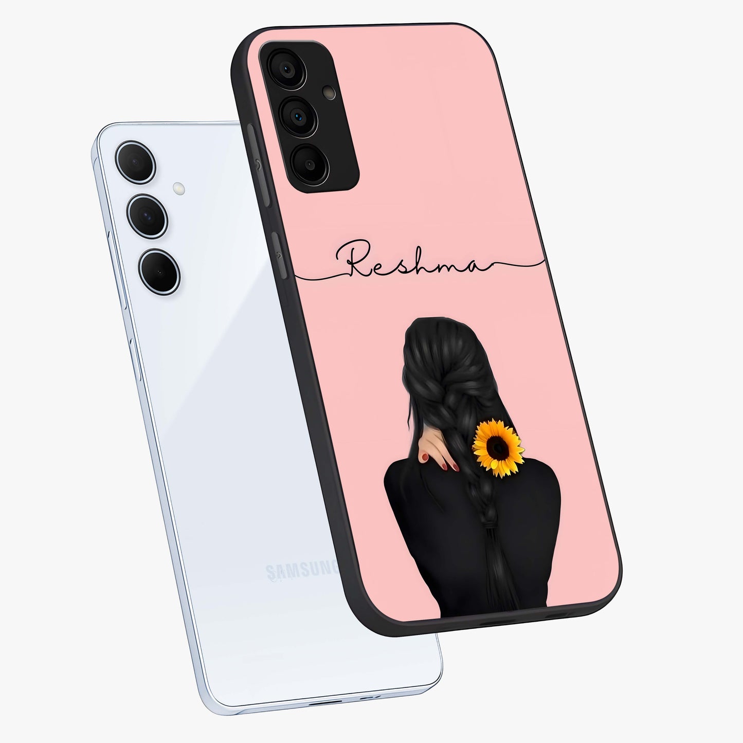 Sunflower Braid Beauty With Custom Name Glass Case displayed in angled mockup highlighting elegant sunflower design with custom name feature.