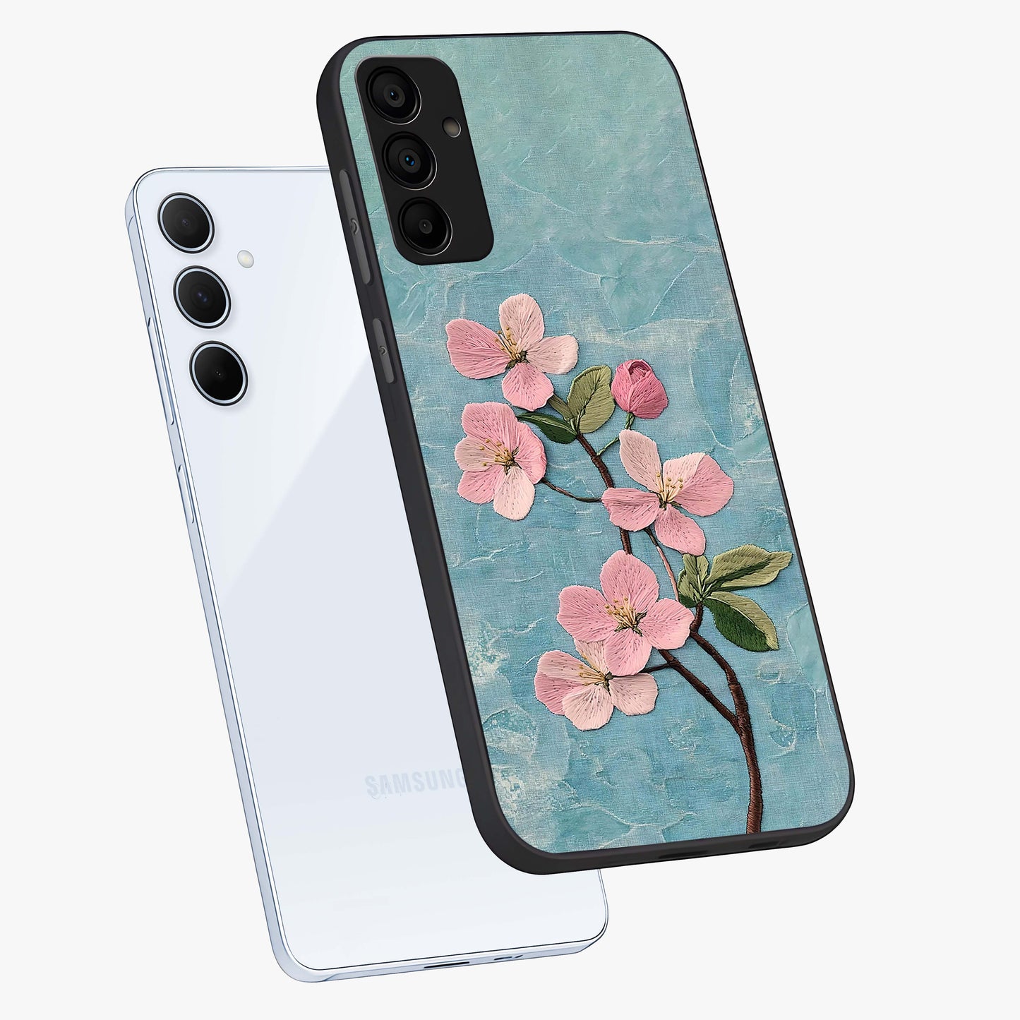 Threaded Blossom Breeze Glass Case displayed in angled mockup highlighting elegant floral design with soft aesthetic style.