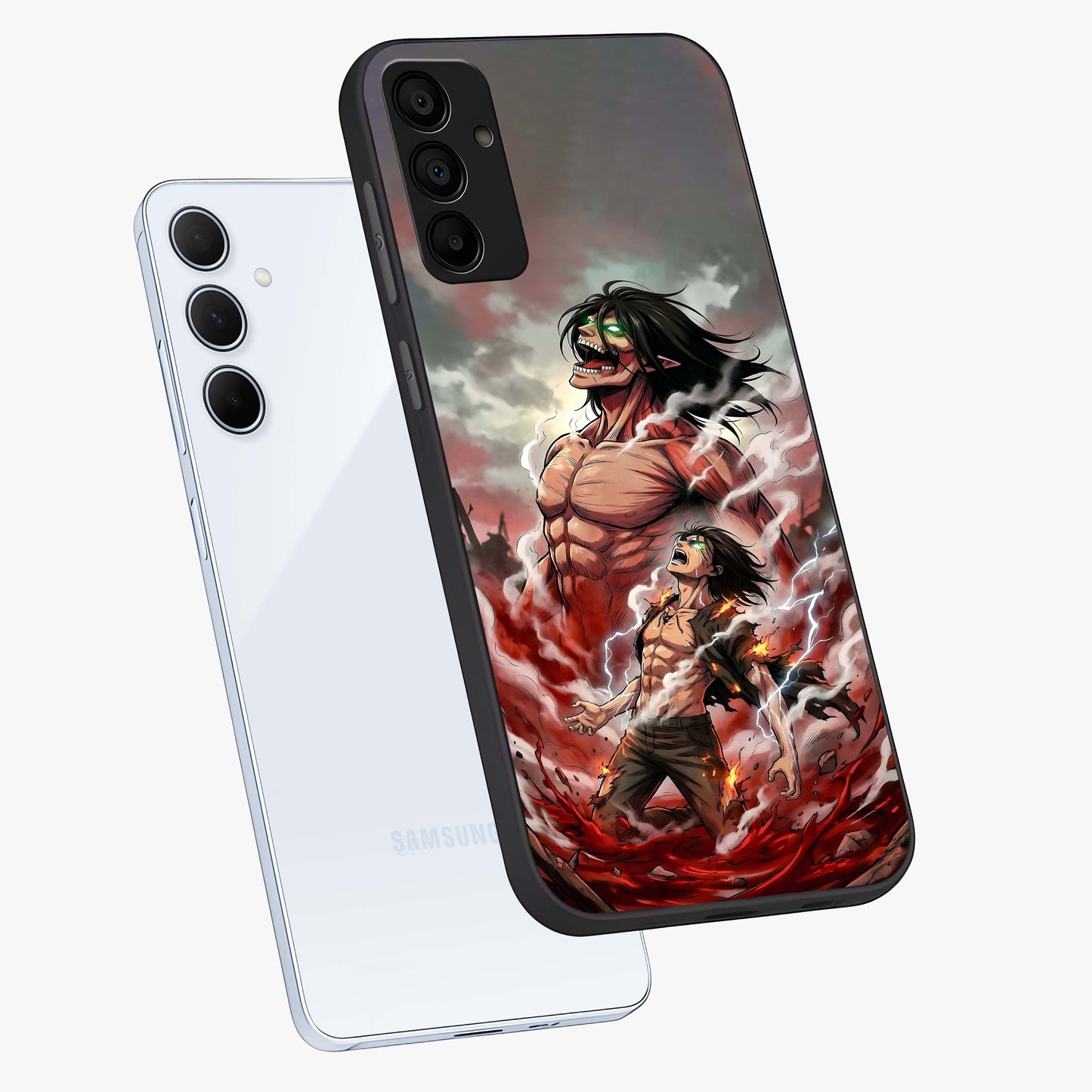 Titan Awakening Fury Glass Case displayed in angled mockup highlighting dramatic giant warrior design with bold anime aesthetic.