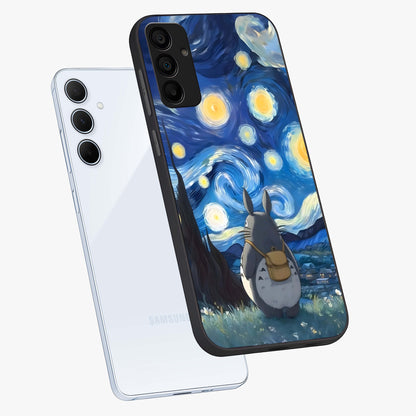 Totoro In Van Gogh Art Glass Case displayed in angled mockup highlighting artistic swirling sky design with playful animation aesthetic.