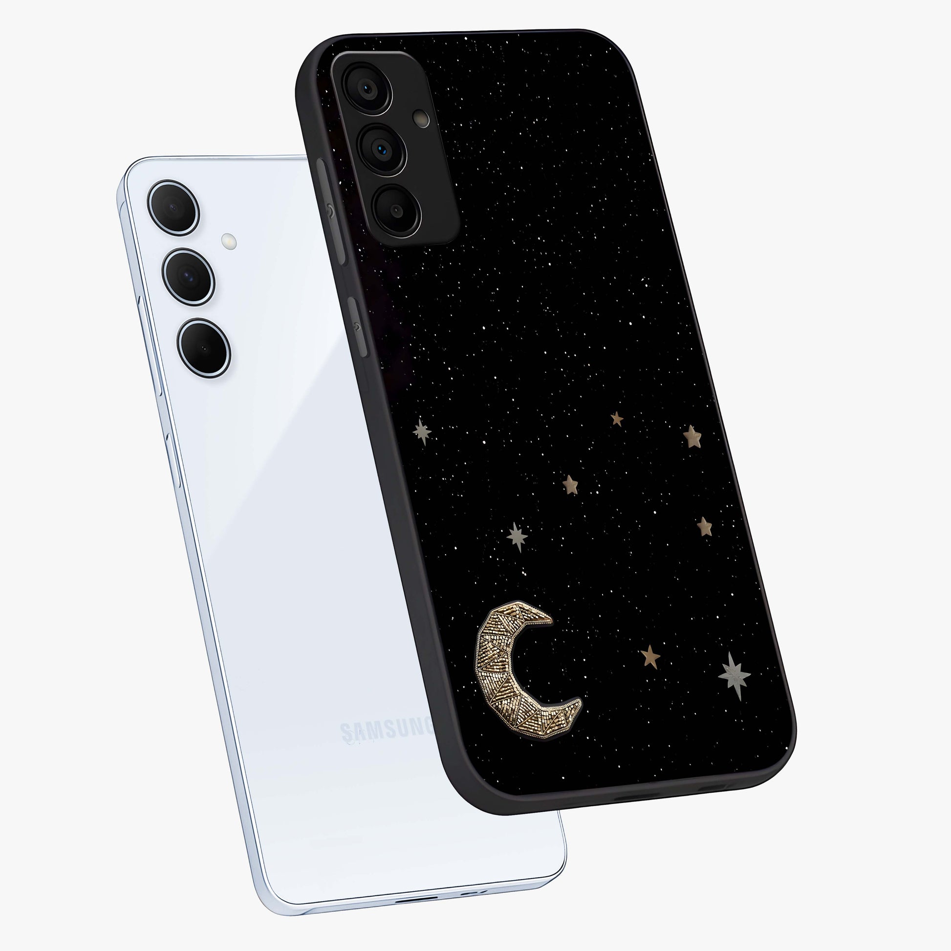 Twinkle Star With Half Moon Glass Case displayed in angled mockup highlighting celestial moon and star design with magical aesthetic.
