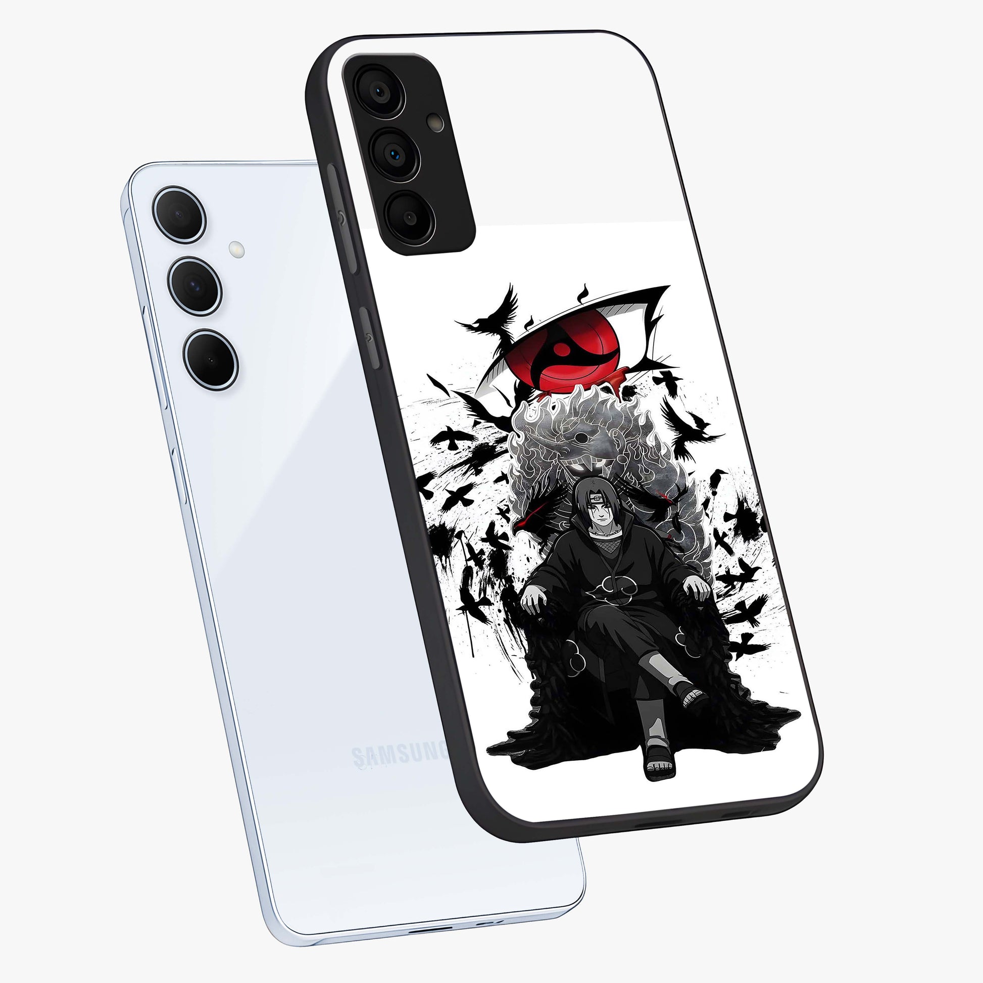 Uchiha Shadow Throne Glass Case displayed in angled mockup highlighting glowing aquatic design with celestial aesthetic.