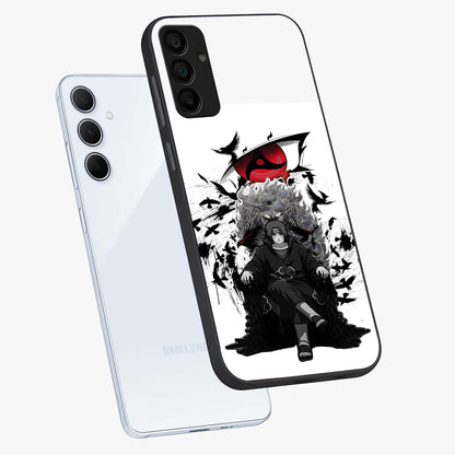 Uchiha Shadow Throne Glass Case displayed in angled mockup highlighting glowing aquatic design with celestial aesthetic.