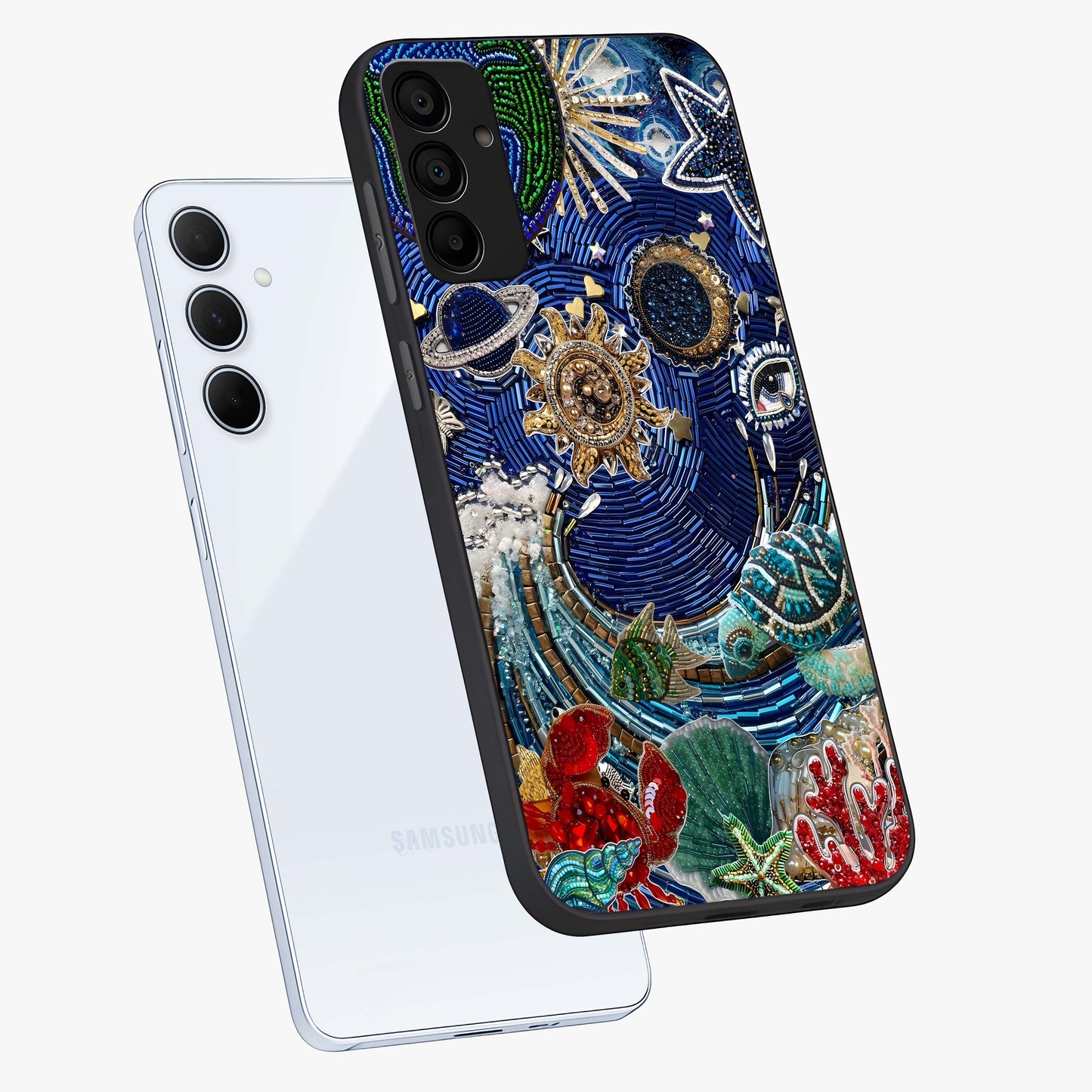 Universe Underwater Spark Glass Case displayed in angled mockup highlighting glowing aquatic design with celestial aesthetic.
