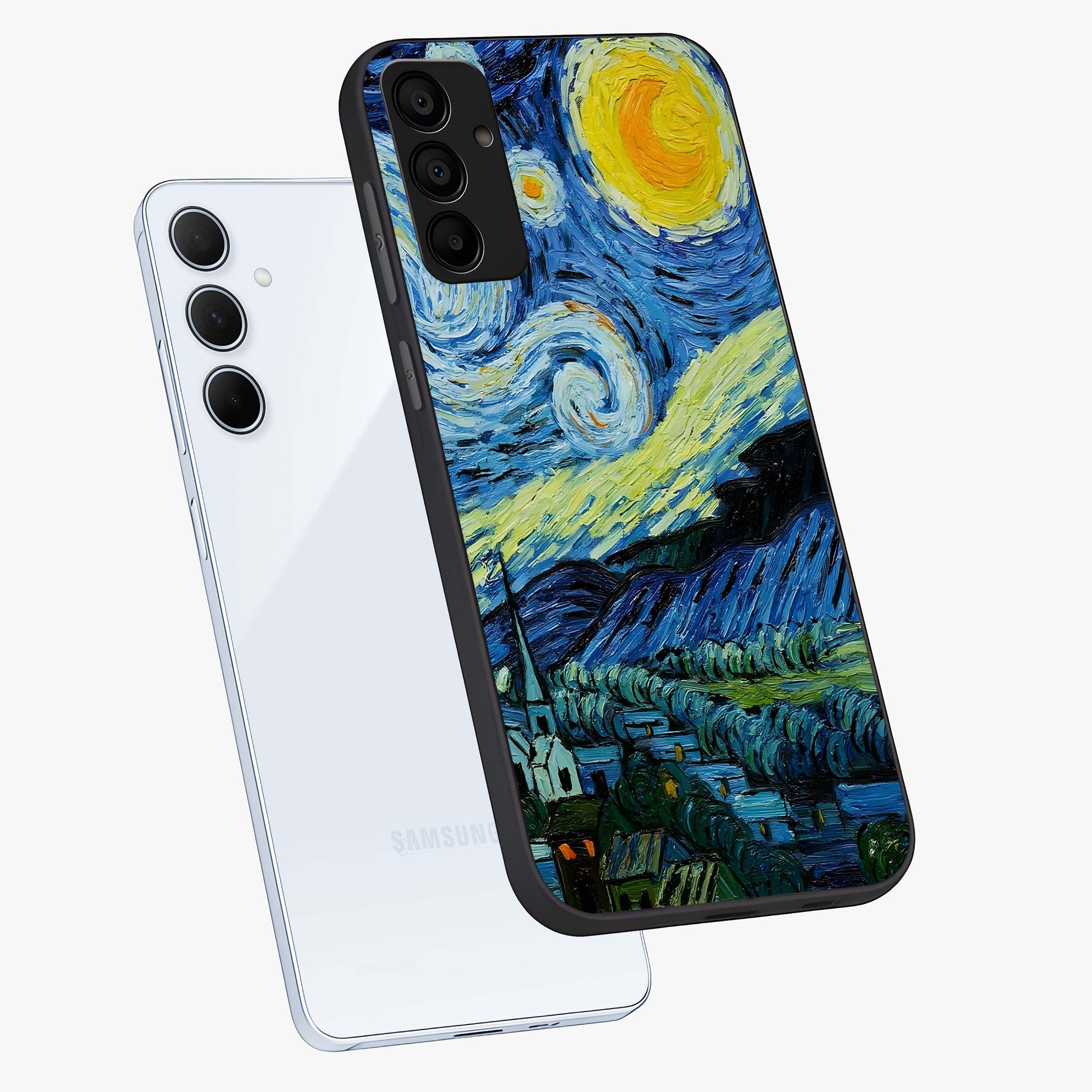 Van Gogh Art Glass Case displayed in angled mockup highlighting swirling brushstroke design with artistic aesthetic.