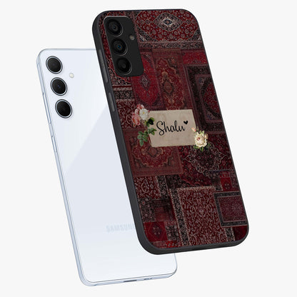 Velvet Wine Pattern Custom Name Glass Case displayed in angled mockup highlighting decorative velvet inspired design with custom name feature.