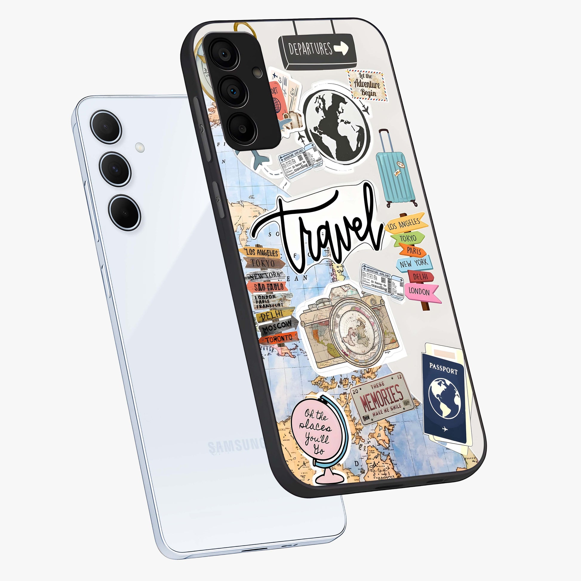Wanderlust Journal Glass Case displayed in angled mockup highlighting adventure themed design with aesthetic travel vibe.