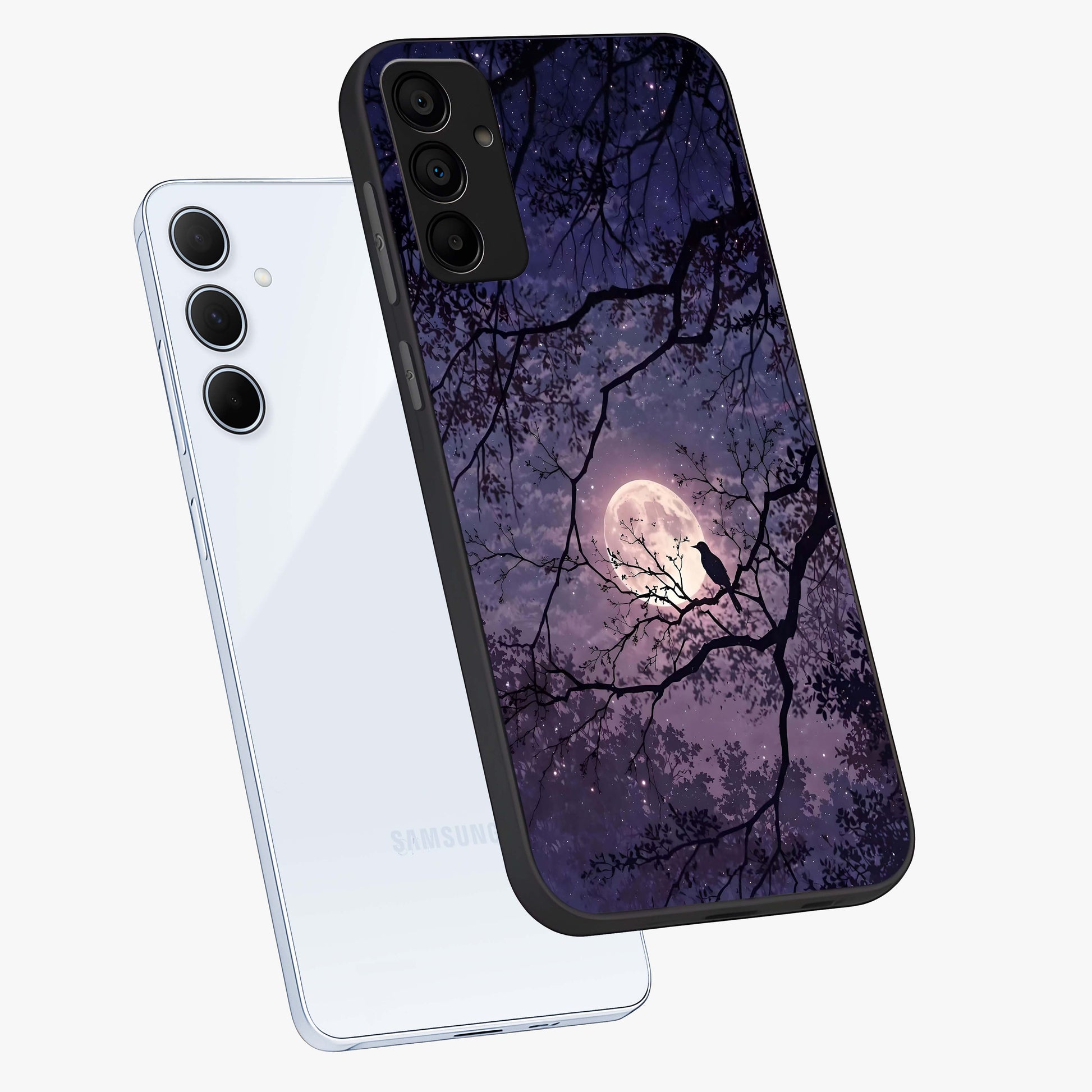 Whispering Moon Silence Glass Case displayed in angled mockup highlighting calm lunar design with dreamy night aesthetic.