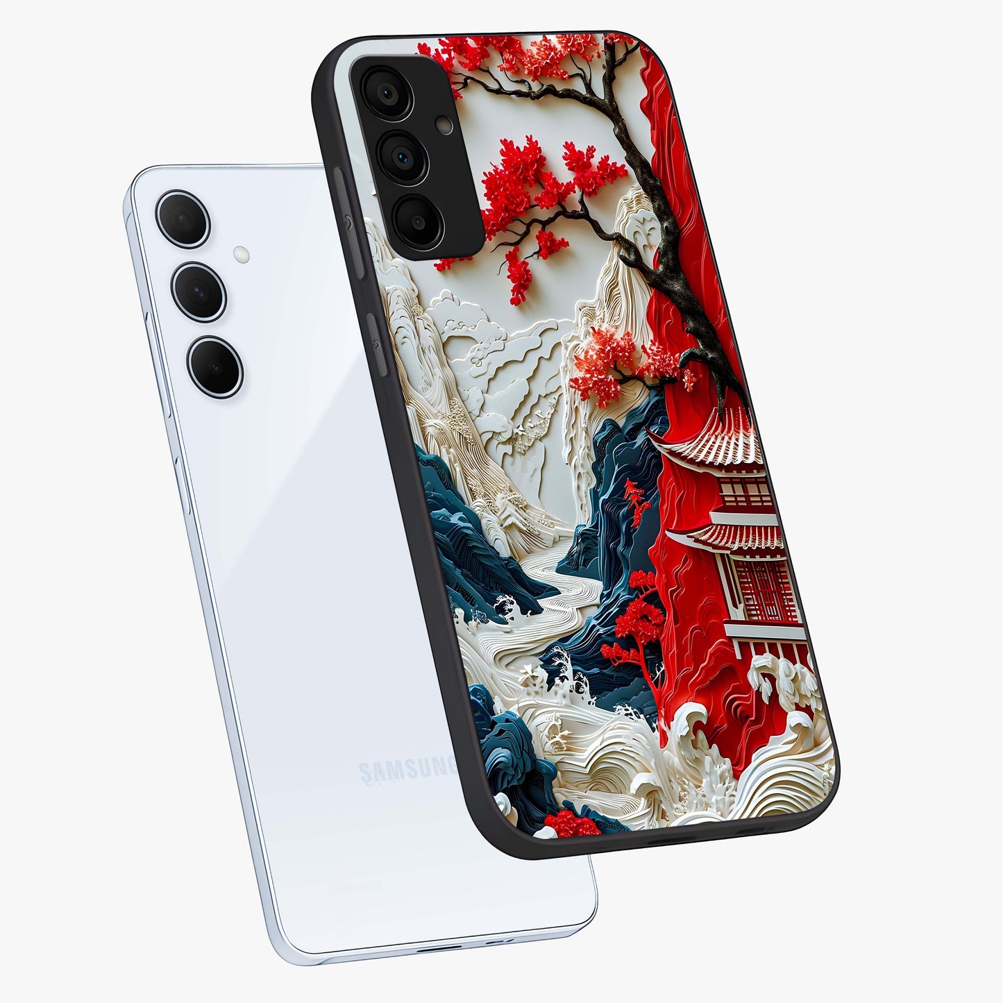 Whispers Of Sakura Waves Glass Case displayed in angled mockup highlighting flowing sakura design with soft floral aesthetic.