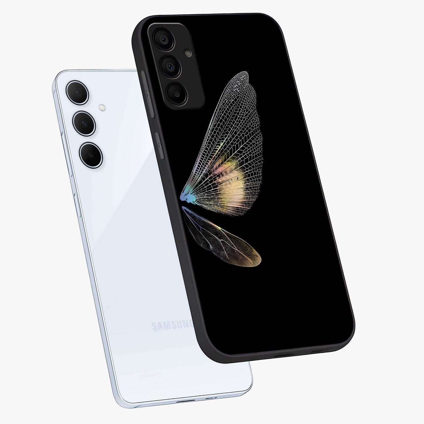 Whispers Of Wings Glass Case displayed in angled mockup highlighting soft feather design with celestial aesthetic style.