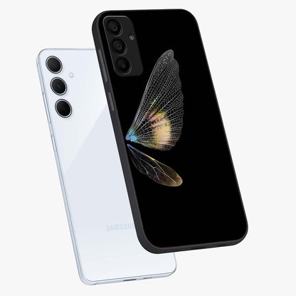 Whispers Of Wings Glass Case displayed in angled mockup highlighting soft feather design with celestial aesthetic style.