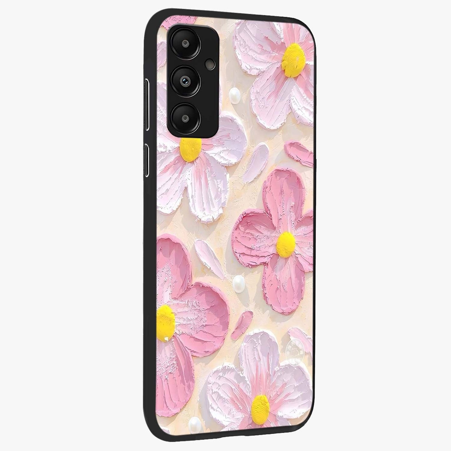 Blush Bloom Texture Glass Case upright view showcasing delicate blush floral texture with modern minimal style.