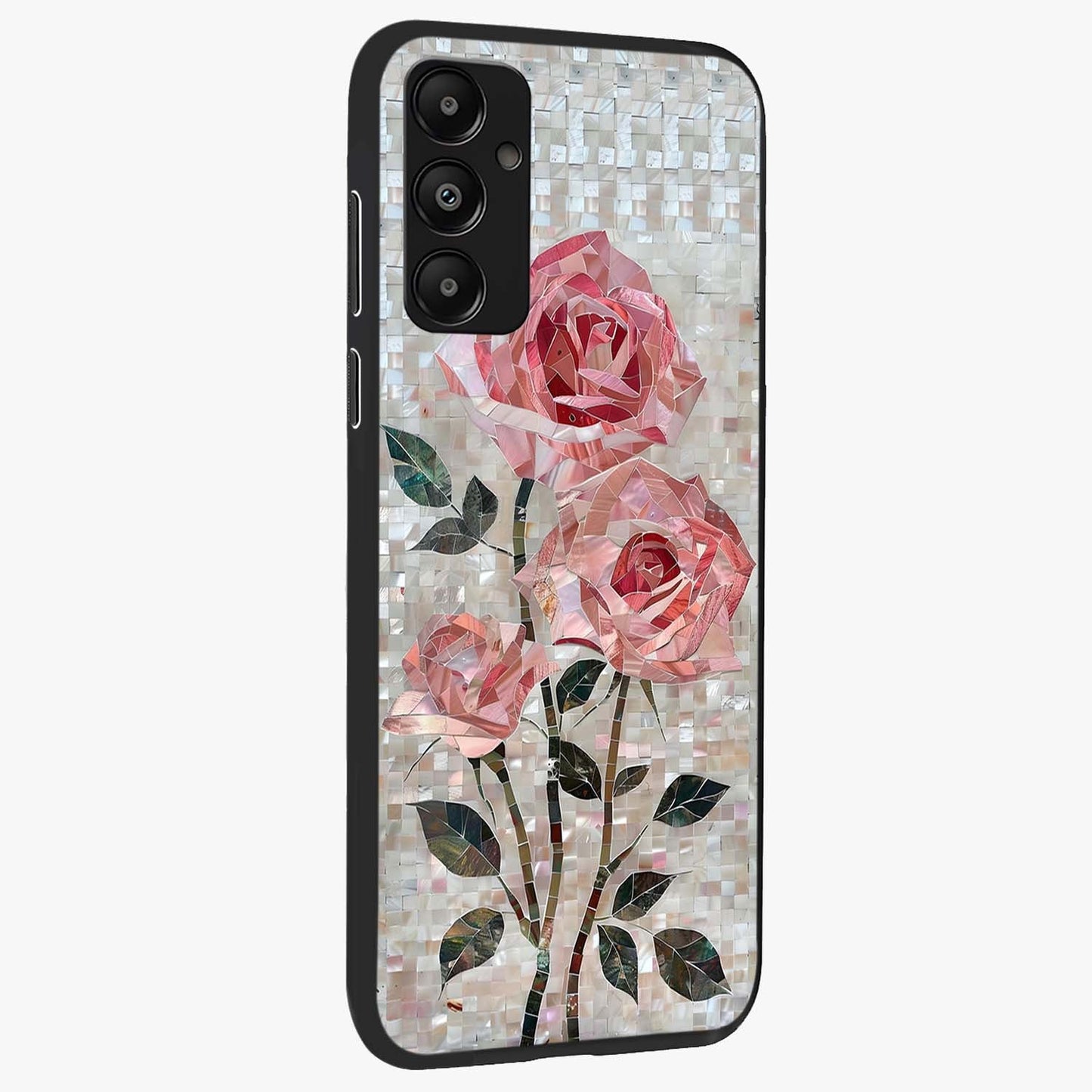 Blush Mosaic Bloom Glass Case upright view showcasing decorative floral mosaic artwork with stylish modern aesthetic.