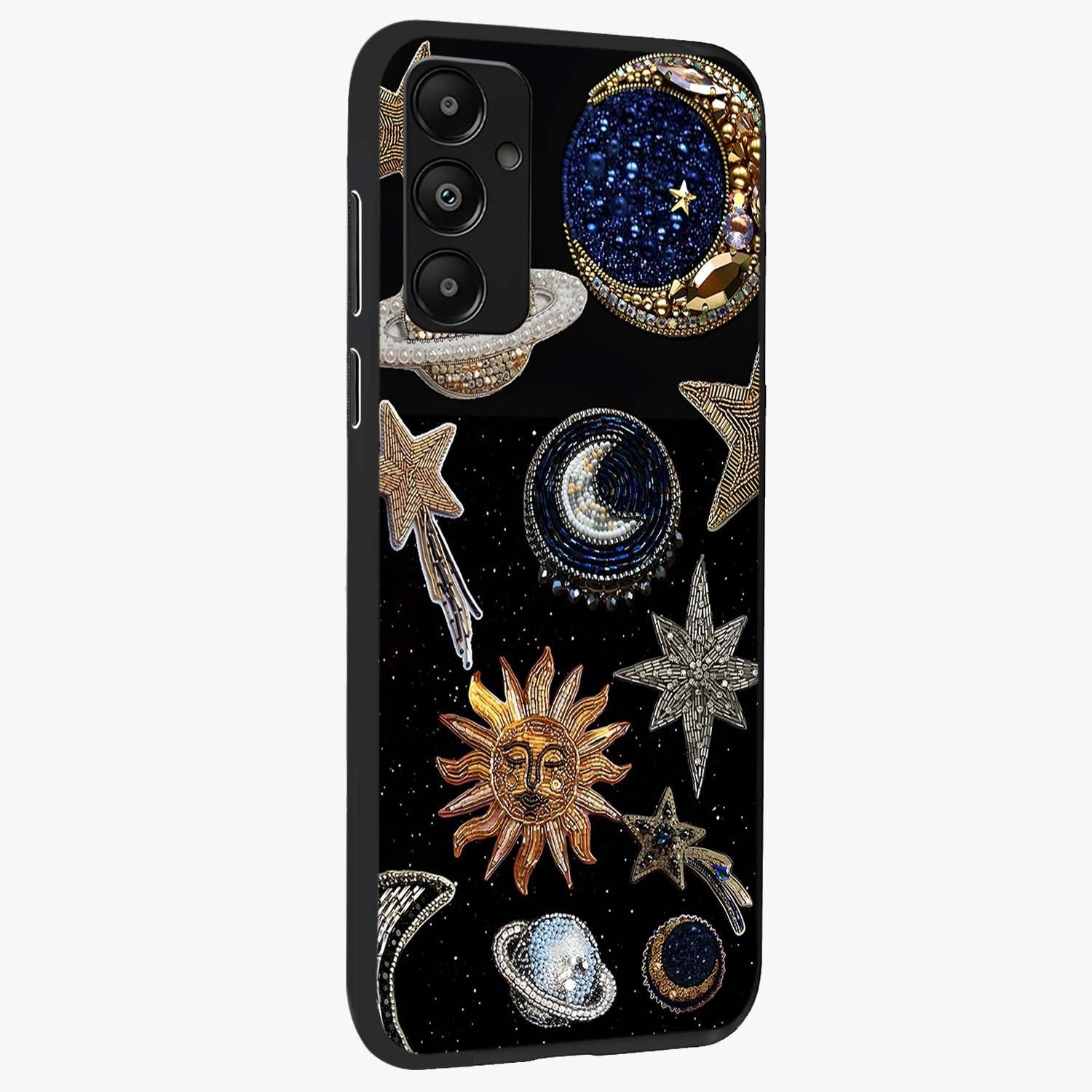 Celestial Gem Constellations Glass Case upright view showcasing cosmic constellation artwork with celestial aesthetic style.