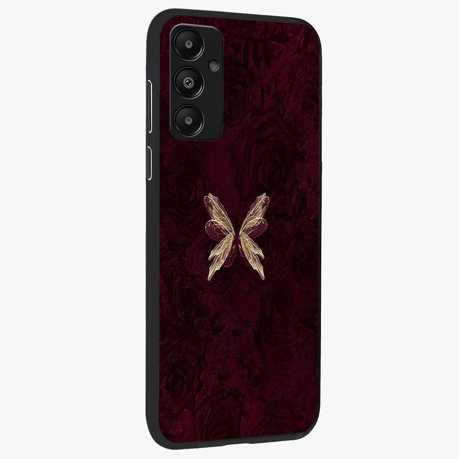 Crimson Fade Butterfly Glass Case upright view showcasing graceful butterfly artwork with soft crimson fade effect.